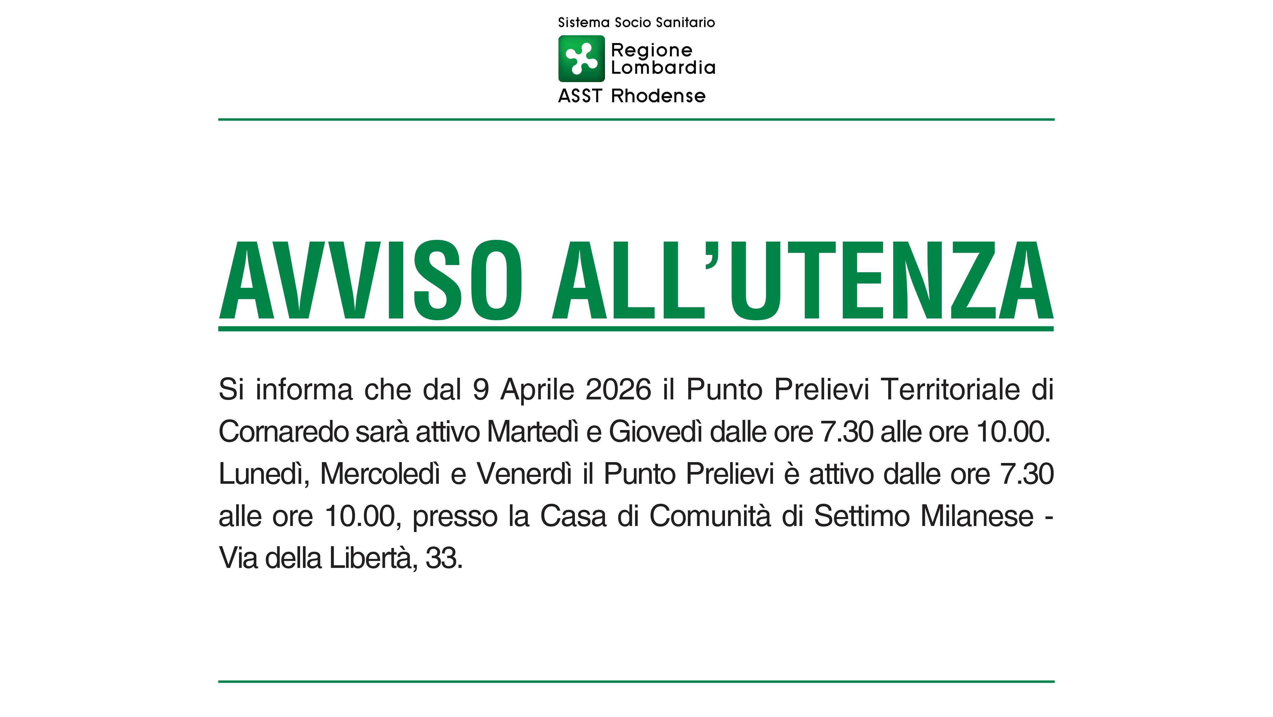 ORARI Punti Prelievo Territoriali DAL 09.04.26